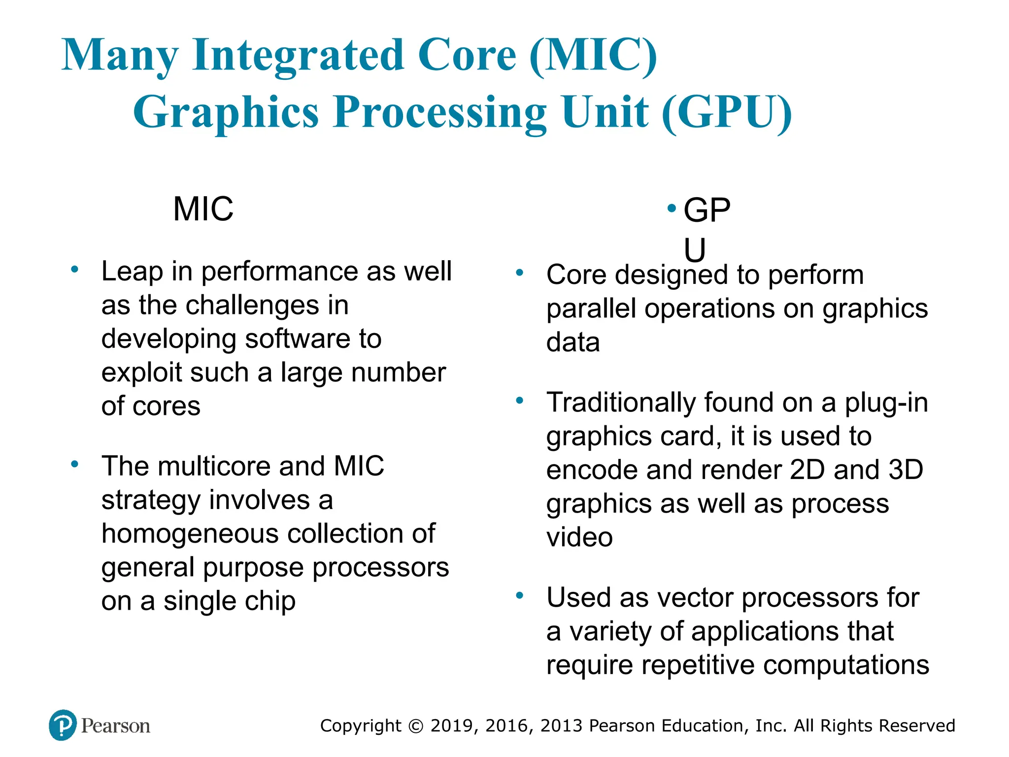 Copyright © 2019, 2016, 2013 Pearson Education, Inc. All Rights Reserved
Many Integrated Core (MIC)
Graphics Processing Unit (GPU)
MIC
• Leap in performance as well
as the challenges in
developing software to
exploit such a large number
of cores
• The multicore and MIC
strategy involves a
homogeneous collection of
general purpose processors
on a single chip
• Core designed to perform
parallel operations on graphics
data
• Traditionally found on a plug-in
graphics card, it is used to
encode and render 2D and 3D
graphics as well as process
video
• Used as vector processors for
a variety of applications that
require repetitive computations
• GP
U
 