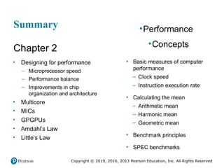 Copyright © 2019, 2016, 2013 Pearson Education, Inc. All Rights Reserved
Summary
Chapter 2
• Designing for performance
– Microprocessor speed
– Performance balance
– Improvements in chip
organization and architecture
• Multicore
• MICs
• GPGPUs
• Amdahl’s Law
• Little’s Law
• Basic measures of computer
performance
– Clock speed
– Instruction execution rate
• Calculating the mean
– Arithmetic mean
– Harmonic mean
– Geometric mean
• Benchmark principles
• SPEC benchmarks
•Performance
•Concepts
 