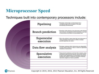 Copyright © 2019, 2016, 2013 Pearson Education, Inc. All Rights Reserved
Microprocessor Speed
Techniques built into contemporary processors include:
Pipelining
Branch prediction
Superscalar
execution
Data flow analysis
Speculative
execution
• Processor moves data or instructions into a
conceptual pipe with all stages of the pipe
processing simultaneously
• Processor looks ahead in the instruction code fetched
from memory and predicts which branches, or groups
of instructions, are likely to be processed next
• This is the ability to issue more than one instruction in
every processor clock cycle. (In effect, multiple
parallel pipelines are used.)
• Processor analyzes which instructions are dependent
on each other’s results, or data, to create an optimized
schedule of instructions
• Using branch prediction and data flow analysis, some
processors speculatively execute instructions ahead
of their actual appearance in the program execution,
holding the results in temporary locations, keeping
execution engines as busy as possible
 