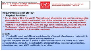 Requirements as per ER 1991:
1. Physical Facilities :
✓ For an intake of 60 in first year D. Pharm atleast, 4 laboratories, one each for pharmaceutics,
pharmaceutical chemistry, biochemistry and clinical pathology, and pharmacognosy/ APH.
✓ The classrooms, (atleast two), aspectic room, balance room, animal house, drug-museum,
machine room, Principal's office, girls and boys common rooms, etc., should be provided.
✓ The laboratory should be minimum 500 sq. ft in area. Equipments, instruments and
glassware's as given in E R should be purchased.
2. Staff :
(i) Principal/Director/Head of Department should be of the rank of professor or reader with M.
Pharm. and minimum of 5 years teaching experience.
(ii) Senior lecturer or lecturer: M. Pharm in the concerned subject or B. Pharm with 3 years
professional experience. For the subjects like clinical pathology, toxicology, pharmacology,
clinical pharmacy even MBBS qualification is permitted.
 