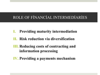 ROLE OF FİNANCİAL INTERMEDİARİES
I. Providing maturity intermediation
II. Risk reduction via diversification
III. Reducing costs of contracting and
information processing
IV. Providing a payments mechanism
11
 