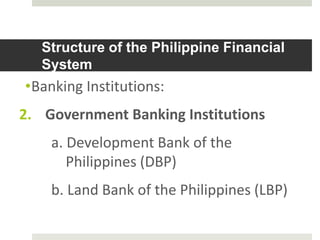 Structure of the Philippine Financial
System
•Banking Institutions:
2. Government Banking Institutions
a. Development Bank of the
Philippines (DBP)
b. Land Bank of the Philippines (LBP)
 