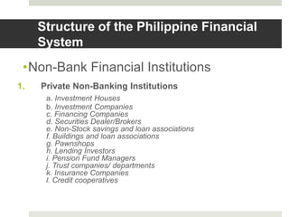 •Non-Bank Financial Institutions
1. Private Non-Banking Institutions
a. Investment Houses
b. Investment Companies
c. Financing Companies
d. Securities Dealer/Brokers
e. Non-Stock savings and loan associations
f. Buildings and loan associations
g. Pawnshops
h. Lending Investors
i. Pension Fund Managers
j. Trust companies/ departments
k. Insurance Companies
l. Credit cooperatives
Structure of the Philippine Financial
System
 