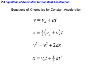 2.4 Equations of Kinematics for Constant Acceleration
Equations of Kinematics for Constant Acceleration
 t
v
v
x o 
 2
1
2
2
1
at
t
v
x o 

at
v
v o 

ax
v
v o 2
2
2


 