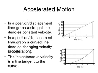 Accelerated Motion
• In a position/displacement
time graph a straight line
denotes constant velocity.
• In a position/displacement
time graph a curved line
denotes changing velocity
(acceleration).
• The instantaneous velocity
is a line tangent to the
curve.
 