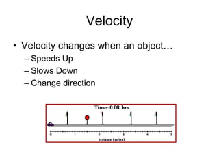 Velocity
• Velocity changes when an object…
– Speeds Up
– Slows Down
– Change direction
 