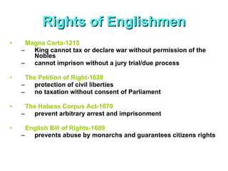 Rights of Englishmen Magna Carta-1215 King cannot tax or declare war without permission of the Nobles cannot imprison without a jury trial/due process The Petition of Right-1628 protection of civil liberties  no taxation without consent   of Parliament The Habeas Corpus Act-1679 prevent arbitrary arrest and imprisonment English Bill of Rights-1689 prevents abuse by monarchs and guarantees citizens rights   
