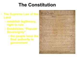 The Constitution   The Supreme Law of the Land establish legitimacy, right to rule Establishes “Popular Sovereignty” the people have the final authority in government 
