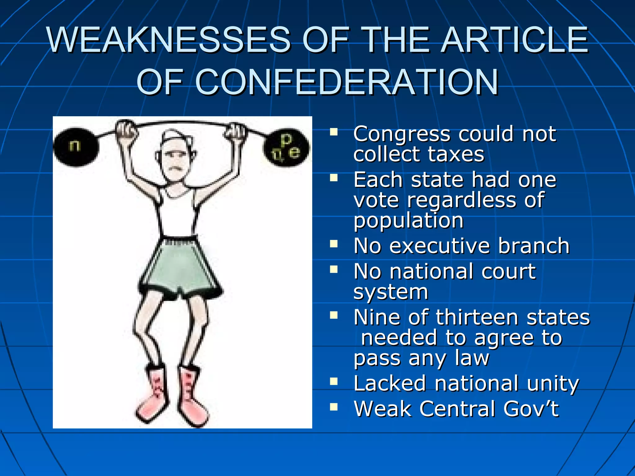 WEAKNESSES OF THE ARTICLEWEAKNESSES OF THE ARTICLE
OF CONFEDERATIONOF CONFEDERATION
 Congress could notCongress could not
collect taxescollect taxes
 Each state had oneEach state had one
vote regardless ofvote regardless of
populationpopulation
 No executive branchNo executive branch
 No national courtNo national court
systemsystem
 Nine of thirteen statesNine of thirteen states
needed to agree toneeded to agree to
pass any lawpass any law
 Lacked national unityLacked national unity
 Weak Central Gov’tWeak Central Gov’t
 