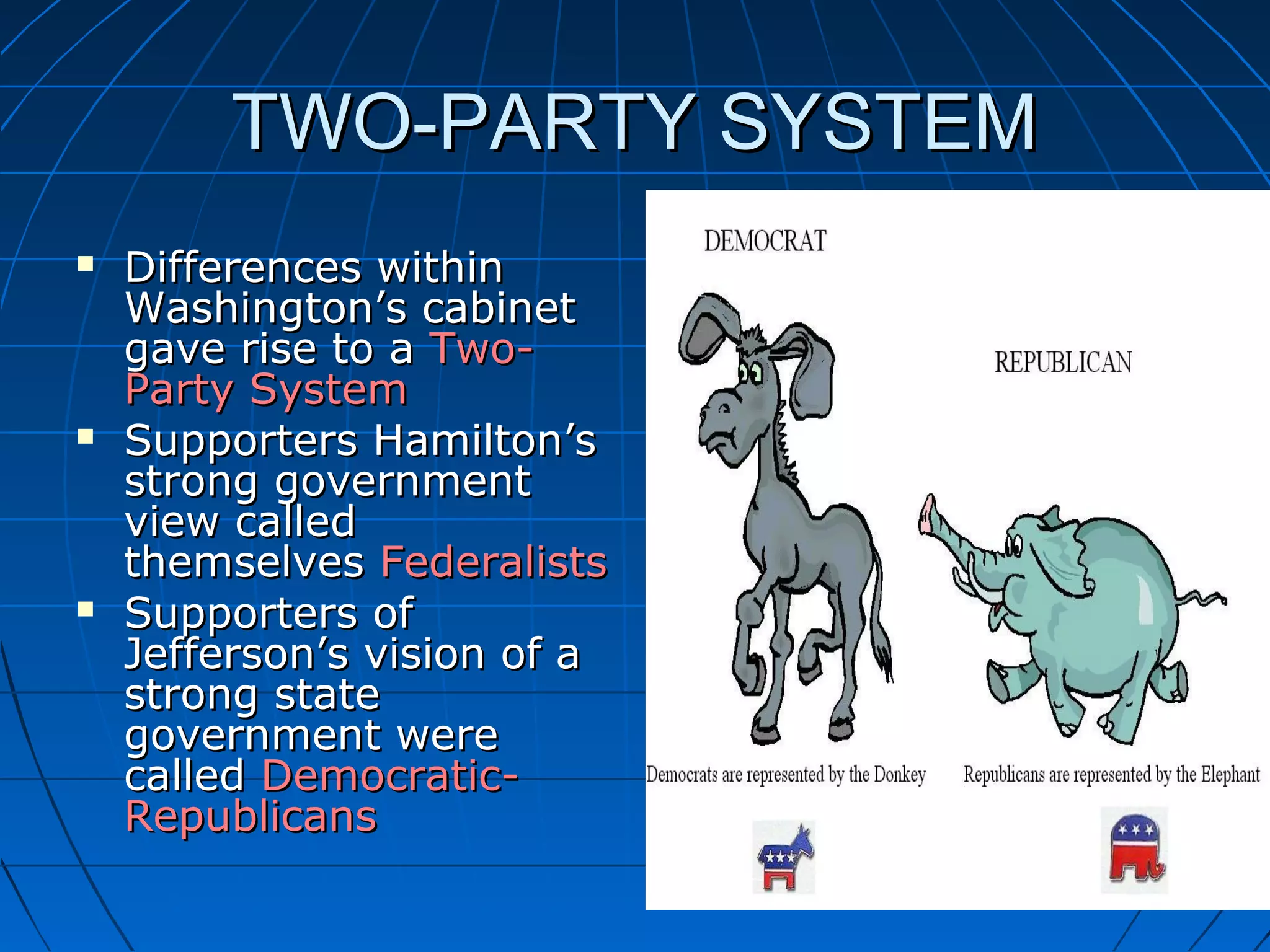 TWO-PARTY SYSTEMTWO-PARTY SYSTEM
 Differences withinDifferences within
Washington’s cabinetWashington’s cabinet
gave rise to agave rise to a Two-Two-
Party SystemParty System
 Supporters Hamilton’sSupporters Hamilton’s
strong governmentstrong government
view calledview called
themselvesthemselves FederalistsFederalists
 Supporters ofSupporters of
Jefferson’s vision of aJefferson’s vision of a
strong statestrong state
government weregovernment were
calledcalled Democratic-Democratic-
RepublicansRepublicans
 