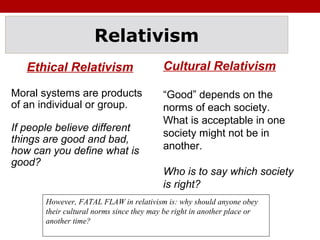 Relativism
Ethical Relativism
Moral systems are products
of an individual or group.
If people believe different
things are good and bad,
how can you define what is
good?
Cultural Relativism
“Good” depends on the
norms of each society.
What is acceptable in one
society might not be in
another.
Who is to say which society
is right?
However, FATAL FLAW in relativism is: why should anyone obey
their cultural norms since they may be right in another place or
another time?
 