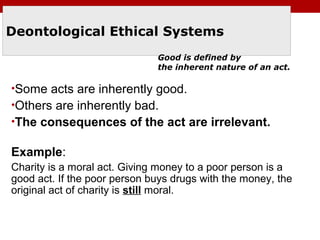 Deontological Ethical Systems
•Some acts are inherently good.
•Others are inherently bad.
•The consequences of the act are irrelevant.
Example:
Charity is a moral act. Giving money to a poor person is a
good act. If the poor person buys drugs with the money, the
original act of charity is still moral.
Good is defined by
the inherent nature of an act.
 