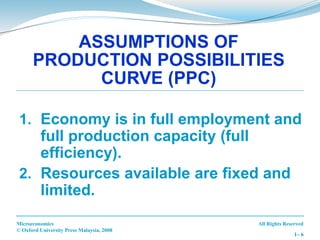 All Rights Reserved
Microeconomics
© Oxford University Press Malaysia, 2008
1– 6
1. Economy is in full employment and
full production capacity (full
efficiency).
2. Resources available are fixed and
limited.
ASSUMPTIONS OF
PRODUCTION POSSIBILITIES
CURVE (PPC)
 