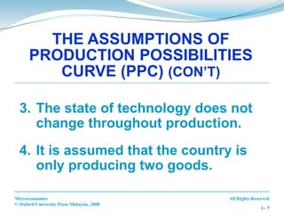 All Rights Reserved
Microeconomics
© Oxford University Press Malaysia, 2008
1– 7
THE ASSUMPTIONS OF
PRODUCTION POSSIBILITIES
CURVE (PPC) (CON’T)
3. The state of technology does not
change throughout production.
4. It is assumed that the country is
only producing two goods.
 