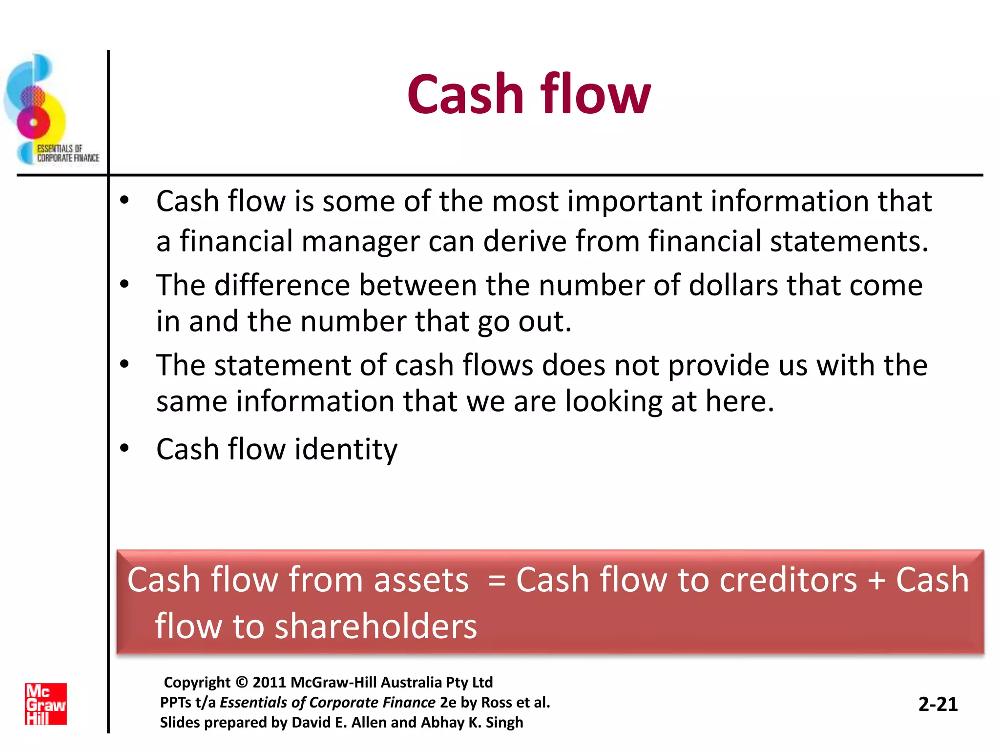 Cash flow
• Cash flow is some of the most important information that
a financial manager can derive from financial statements.
• The difference between the number of dollars that come
in and the number that go out.
• The statement of cash flows does not provide us with the
same information that we are looking at here.
• Cash flow identity
Cash flow from assets = Cash flow to creditors + Cash
flow to shareholders
2-21
Copyright © 2011 McGraw-Hill Australia Pty Ltd
PPTs t/a Essentials of Corporate Finance 2e by Ross et al.
Slides prepared by David E. Allen and Abhay K. Singh
 