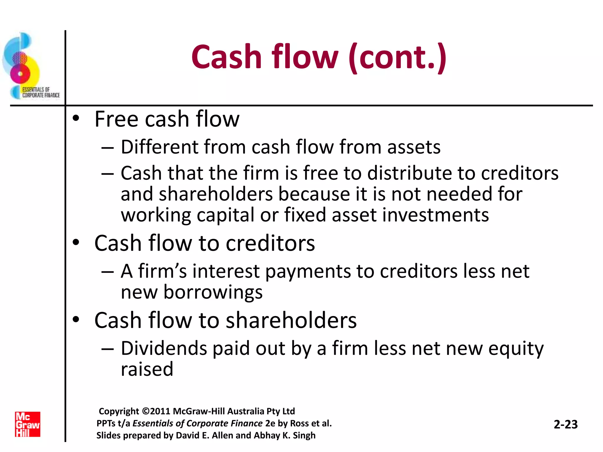 Cash flow (cont.)
• Free cash flow
– Different from cash flow from assets
– Cash that the firm is free to distribute to creditors
and shareholders because it is not needed for
working capital or fixed asset investments
• Cash flow to creditors
– A firm’s interest payments to creditors less net
new borrowings
• Cash flow to shareholders
– Dividends paid out by a firm less net new equity
raised
2-23
Copyright ©2011 McGraw-Hill Australia Pty Ltd
PPTs t/a Essentials of Corporate Finance 2e by Ross et al.
Slides prepared by David E. Allen and Abhay K. Singh
 