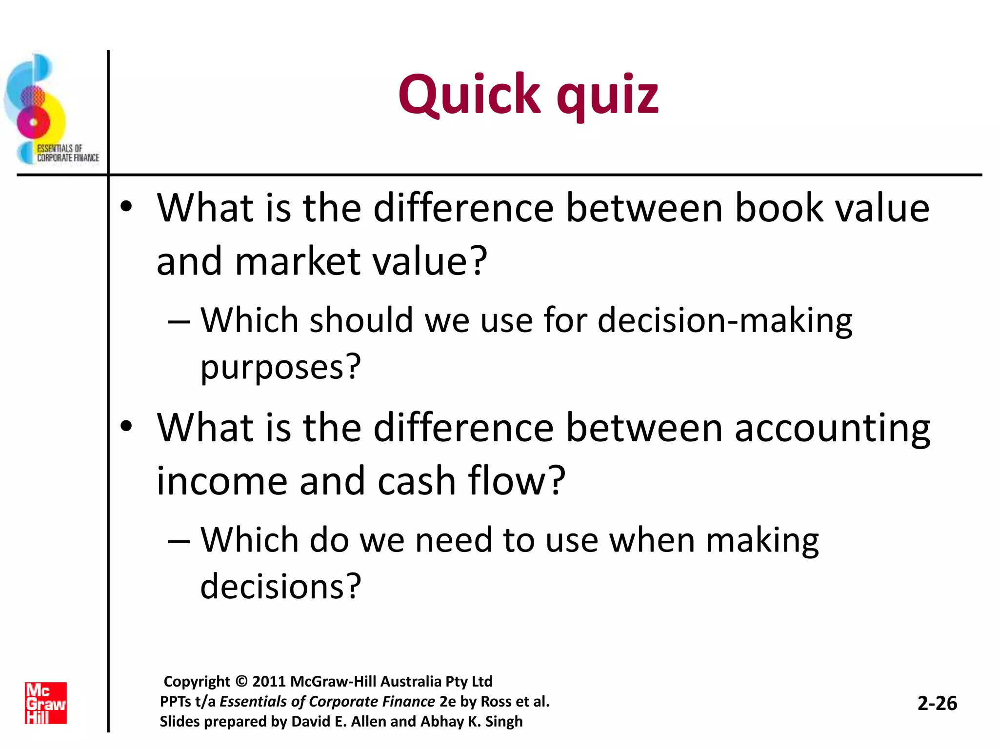 Quick quiz
• What is the difference between book value
and market value?
– Which should we use for decision-making
purposes?
• What is the difference between accounting
income and cash flow?
– Which do we need to use when making
decisions?
2-26
Copyright © 2011 McGraw-Hill Australia Pty Ltd
PPTs t/a Essentials of Corporate Finance 2e by Ross et al.
Slides prepared by David E. Allen and Abhay K. Singh
 