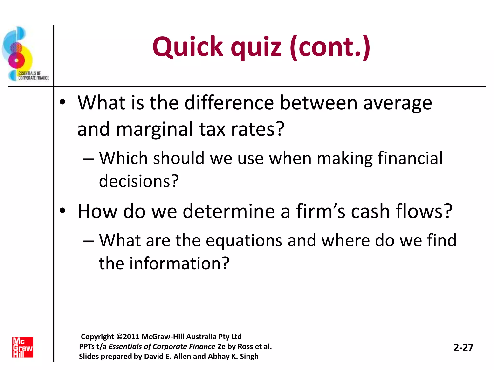 Quick quiz (cont.)
• What is the difference between average
and marginal tax rates?
– Which should we use when making financial
decisions?
• How do we determine a firm’s cash flows?
– What are the equations and where do we find
the information?
2-27
Copyright ©2011 McGraw-Hill Australia Pty Ltd
PPTs t/a Essentials of Corporate Finance 2e by Ross et al.
Slides prepared by David E. Allen and Abhay K. Singh
 