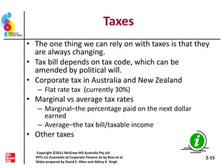 Taxes
• The one thing we can rely on with taxes is that they
are always changing.
• Tax bill depends on tax code, which can be
amended by political will.
• Corporate tax in Australia and New Zealand
– Flat rate tax (currently 30%)
• Marginal vs average tax rates
– Marginal–the percentage paid on the next dollar
earned
– Average–the tax bill/taxable income
• Other taxes
2-15
Copyright ©2011 McGraw-Hill Australia Pty Ltd
PPTs t/a Essentials of Corporate Finance 2e by Ross et al.
Slides prepared by David E. Allen and Abhay K. Singh
 