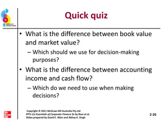 Quick quiz
• What is the difference between book value
and market value?
– Which should we use for decision-making
purposes?
• What is the difference between accounting
income and cash flow?
– Which do we need to use when making
decisions?
2-26
Copyright © 2011 McGraw-Hill Australia Pty Ltd
PPTs t/a Essentials of Corporate Finance 2e by Ross et al.
Slides prepared by David E. Allen and Abhay K. Singh
 