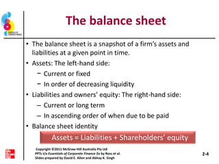 The balance sheet
• The balance sheet is a snapshot of a firm’s assets and
liabilities at a given point in time.
• Assets: The left-hand side:
− Current or fixed
− In order of decreasing liquidity
• Liabilities and owners’ equity: The right-hand side:
– Current or long term
– In ascending order of when due to be paid
• Balance sheet identity
Assets = Liabilities + Shareholders’ equity
2-4
Copyright ©2011 McGraw-Hill Australia Pty Ltd
PPTs t/a Essentials of Corporate Finance 2e by Ross et al.
Slides prepared by David E. Allen and Abhay K. Singh
 