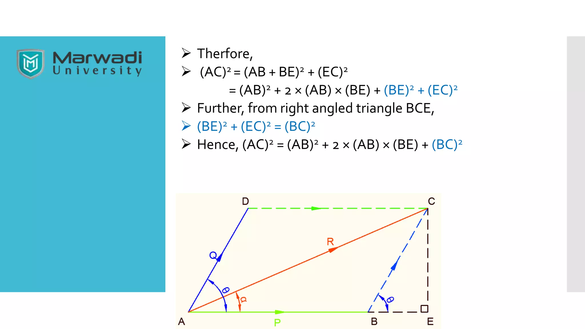  Therfore,
 (AC)2 = (AB + BE)2 + (EC)2
= (AB)2 + 2 × (AB) × (BE) + (BE)2 + (EC)2
 Further, from right angled triangle BCE,
 (BE)2 + (EC)2 = (BC)2
 Hence, (AC)2 = (AB)2 + 2 × (AB) × (BE) + (BC)2
 