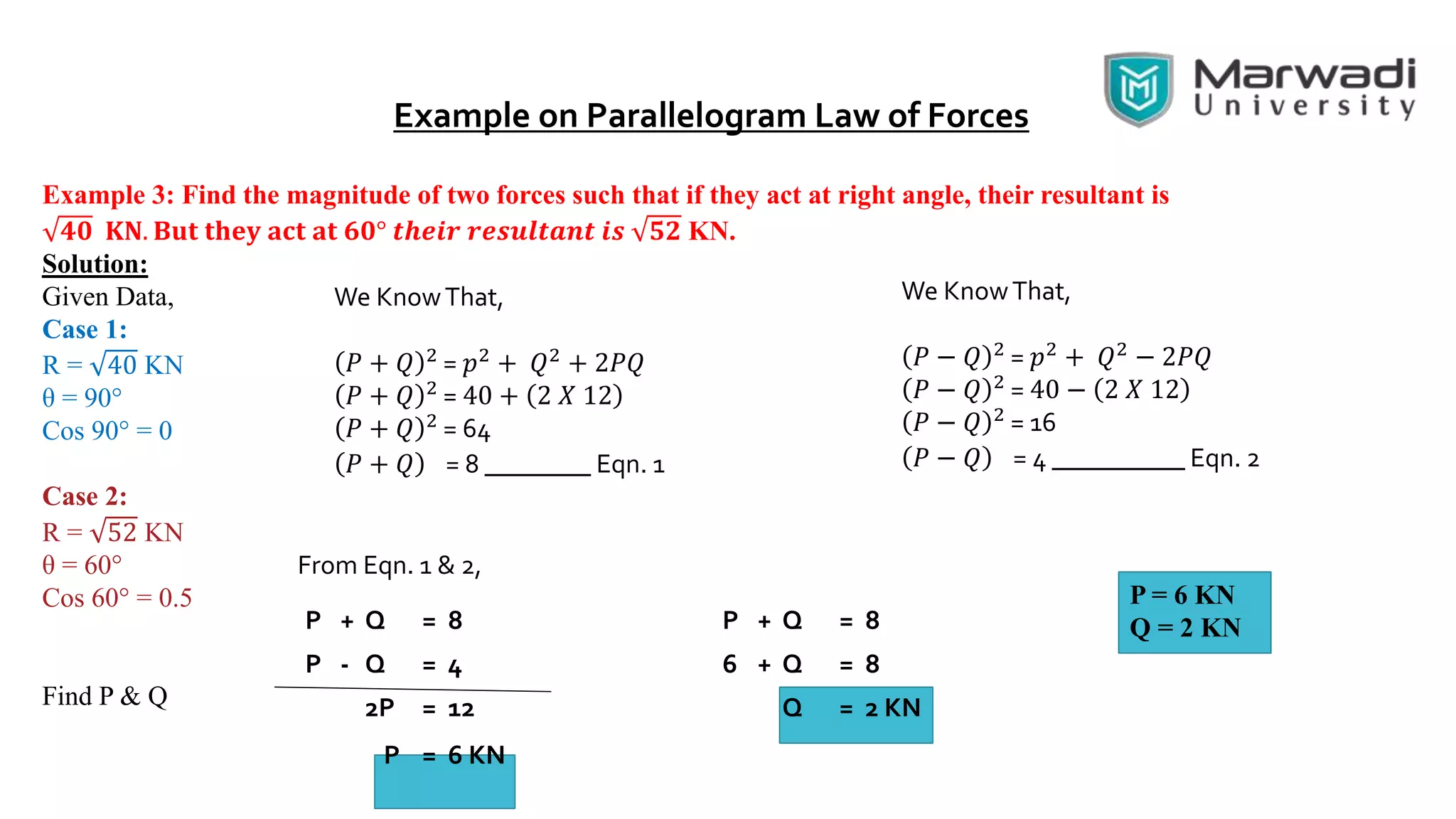Example on Parallelogram Law of Forces
Example 3: Find the magnitude of two forces such that if they act at right angle, their resultant is
𝟒𝟎 𝐊𝐍. 𝐁𝐮𝐭 𝐭𝐡𝐞𝐲 𝐚𝐜𝐭 𝐚𝐭 𝟔𝟎° 𝒕𝒉𝒆𝒊𝒓 𝒓𝒆𝒔𝒖𝒍𝒕𝒂𝒏𝒕 𝒊𝒔 𝟓𝟐 KN.
Solution:
Given Data,
Case 1:
R = 40 KN
θ = 90°
Cos 90° = 0
Case 2:
R = 52 KN
θ = 60°
Cos 60° = 0.5
Find P & Q
We KnowThat,
𝑃 + 𝑄 2 = 𝑝2 + 𝑄2 + 2𝑃𝑄
𝑃 + 𝑄 2
= 40 + 2 𝑋 12
𝑃 + 𝑄 2
= 64
𝑃 + 𝑄 = 8 ________ Eqn. 1
We KnowThat,
𝑃 − 𝑄 2 = 𝑝2 + 𝑄2 − 2𝑃𝑄
𝑃 − 𝑄 2
= 40 − 2 𝑋 12
𝑃 − 𝑄 2
= 16
𝑃 − 𝑄 = 4 __________ Eqn. 2
From Eqn. 1 & 2,
P + Q = 8
P - Q = 4
2P = 12
P = 6 KN
P + Q = 8
6 + Q = 8
Q = 2 KN
P = 6 KN
Q = 2 KN
 