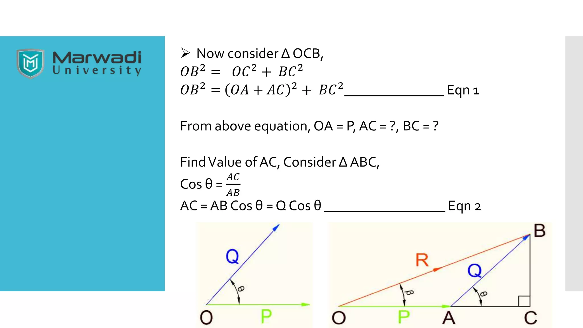  Now consider Δ OCB,
𝑂𝐵2
= 𝑂𝐶2
+ 𝐵𝐶2
𝑂𝐵2 = 𝑂𝐴 + 𝐴𝐶 2 + 𝐵𝐶2______________ Eqn 1
From above equation,OA = P, AC = ?, BC = ?
FindValue ofAC, ConsiderΔ ABC,
Cos θ =
𝐴𝐶
𝐴𝐵
AC =AB Cos θ = Q Cos θ _________________ Eqn 2
 