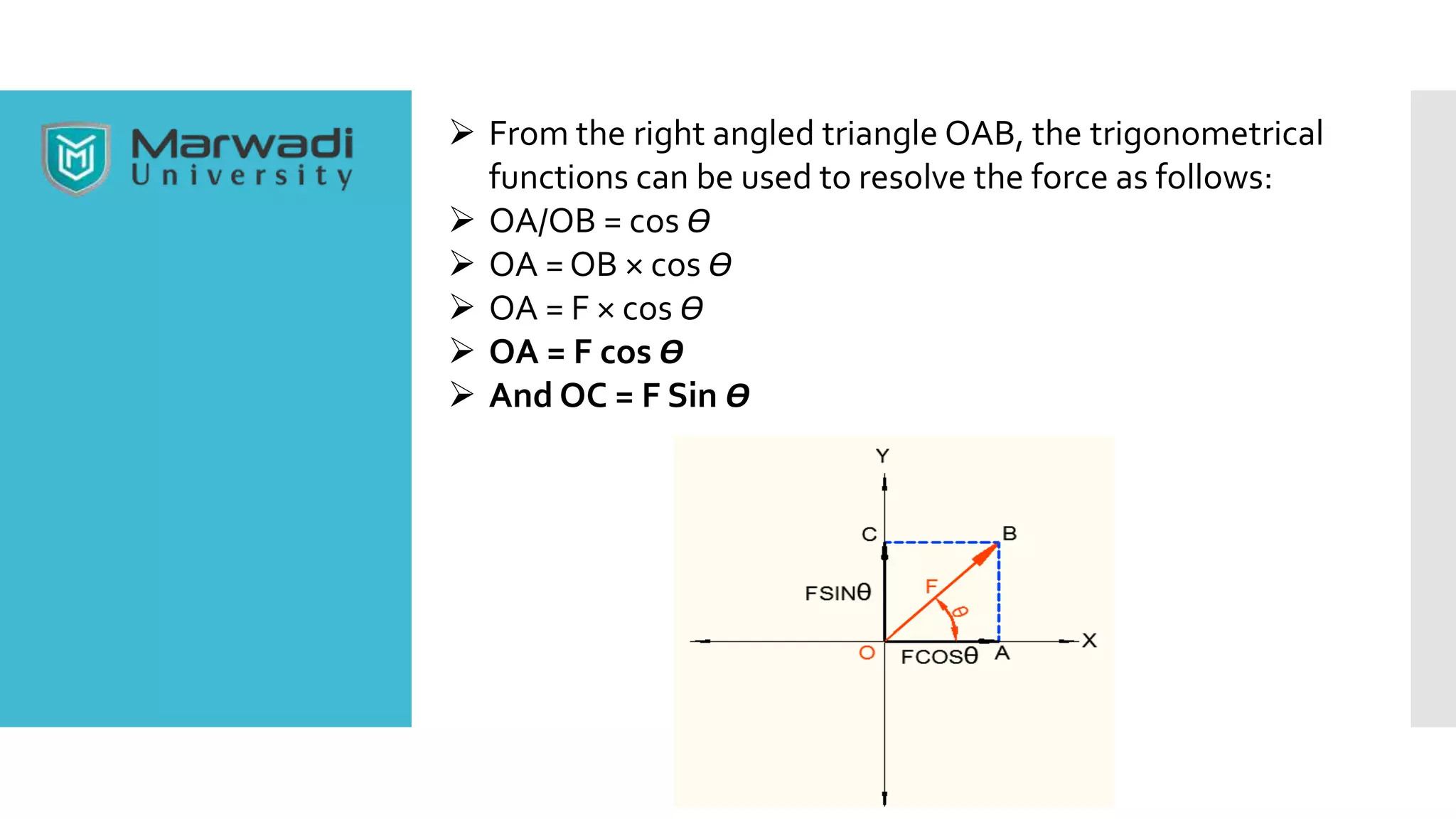  From the right angled triangle OAB, the trigonometrical
functions can be used to resolve the force as follows:
 OA/OB = cos Ө
 OA = OB × cos Ө
 OA = F × cos Ө
 OA = F cos Ө
 And OC = F Sin Ө
 