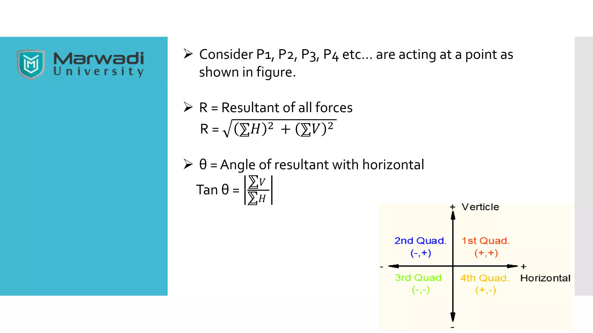  Consider P1, P2, P3, P4 etc… are acting at a point as
shown in figure.
 R = Resultant of all forces
R = ⅀𝐻 2 + ⅀𝑉 2
 θ =Angle of resultant with horizontal
Tan θ =
⅀ 𝑉
⅀ 𝐻
 