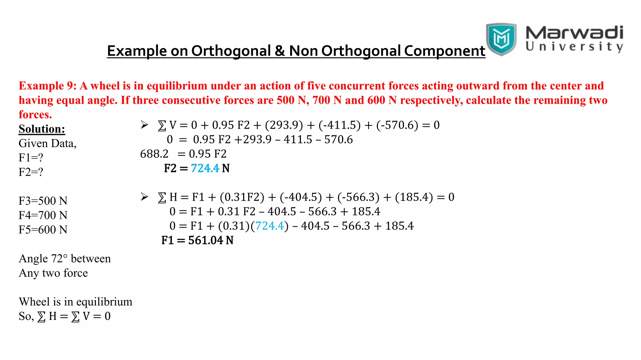 Example on Orthogonal & Non Orthogonal Component
Example 9: A wheel is in equilibrium under an action of five concurrent forces acting outward from the center and
having equal angle. If three consecutive forces are 500 N, 700 N and 600 N respectively, calculate the remaining two
forces.
Solution:
Given Data,
F1=?
F2=?
F3=500 N
F4=700 N
F5=600 N
Angle 72° between
Any two force
Wheel is in equilibrium
So, ⅀ H = ⅀ V = 0
 ⅀ V = 0 + 0.95 F2 + (293.9) + (-411.5) + (-570.6) = 0
0 = 0.95 F2 +293.9 – 411.5 – 570.6
688.2 = 0.95 F2
F2 = 724.4 N
 ⅀ H = F1 + (0.31F2) + (-404.5) + (-566.3) + (185.4) = 0
0 = F1 + 0.31 F2 – 404.5 – 566.3 + 185.4
0 = F1 + (0.31)(724.4) – 404.5 – 566.3 + 185.4
F1 = 561.04 N
 
