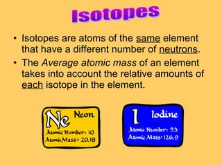 • Isotopes are atoms of the same element
that have a different number of neutrons.
• The Average atomic mass of an element
takes into account the relative amounts of
each isotope in the element.

 