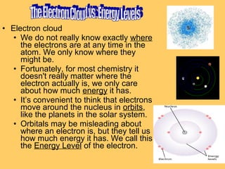 • Electron cloud
• We do not really know exactly where
the electrons are at any time in the
atom. We only know where they
might be.
• Fortunately, for most chemistry it
doesn't really matter where the
electron actually is, we only care
about how much energy it has.
• It’s convenient to think that electrons
move around the nucleus in orbits,
like the planets in the solar system.
• Orbitals may be misleading about
where an electron is, but they tell us
how much energy it has. We call this
the Energy Level of the electron.

 