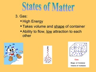 3. Gas:
 High Energy
 Takes volume and shape of container
 Ability to flow, low attraction to each
other

 