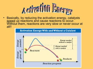 • Basically, by reducing the activation energy, catalysts
speed up reactions and cause reactions to occur.
Without them, reactions are very slow or never occur at
all!!

 