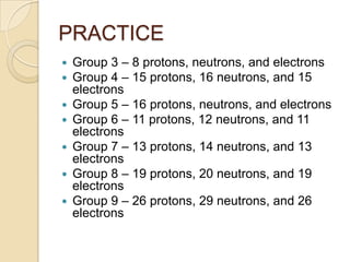PRACTICE
   Group 3 – 8 protons, neutrons, and electrons
   Group 4 – 15 protons, 16 neutrons, and 15
    electrons
   Group 5 – 16 protons, neutrons, and electrons
   Group 6 – 11 protons, 12 neutrons, and 11
    electrons
   Group 7 – 13 protons, 14 neutrons, and 13
    electrons
   Group 8 – 19 protons, 20 neutrons, and 19
    electrons
   Group 9 – 26 protons, 29 neutrons, and 26
    electrons
 