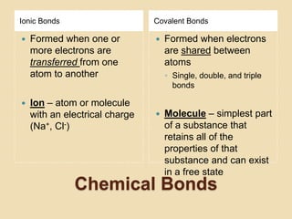 Ionic Bonds                     Covalent Bonds

   Formed when one or             Formed when electrons
    more electrons are              are shared between
    transferred from one            atoms
    atom to another                 ◦ Single, double, and triple
                                      bonds

   Ion – atom or molecule
    with an electrical charge      Molecule – simplest part
    (Na+, Cl-)                      of a substance that
                                    retains all of the
                                    properties of that
                                    substance and can exist
                                    in a free state
              Chemical Bonds
 