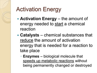 Activation Energy
 Activation Energy – the amount of
  energy needed to start a chemical
  reaction
 Catalysts – chemica...
