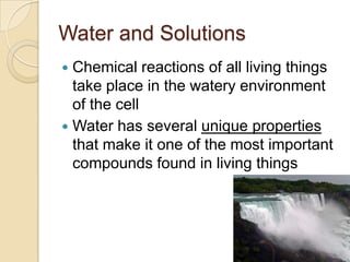 Water and Solutions
 Chemical reactions of all living things
  take place in the watery environment
  of the cell
 Water...