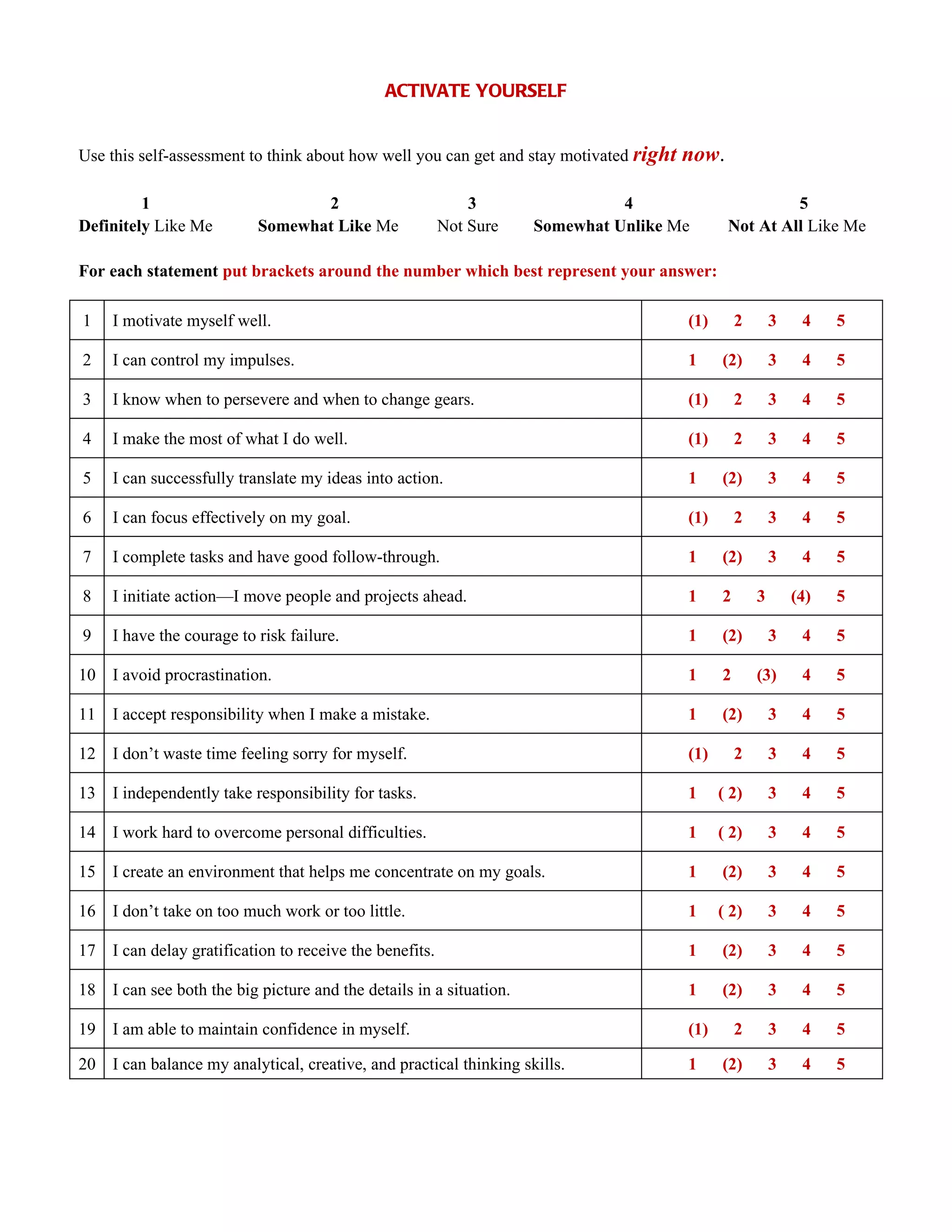 ACTIVATE YOURSELF


Use this self-assessment to think about how well you can get and stay motivated right   now.

         1                        2                         3                 4                         5
Definitely Like Me         Somewhat Like Me             Not Sure    Somewhat Unlike Me         Not At All Like Me

For each statement put brackets around the number which best represent your answer:

1    I motivate myself well.                                                            (1)       2       3    4    5

2    I can control my impulses.                                                         1     (2)         3    4    5

3    I know when to persevere and when to change gears.                                 (1)       2       3    4    5

4    I make the most of what I do well.                                                 (1)       2       3    4    5

5    I can successfully translate my ideas into action.                                 1     (2)         3    4    5

6    I can focus effectively on my goal.                                                (1)       2       3    4    5

7    I complete tasks and have good follow-through.                                     1     (2)         3    4    5

8    I initiate action—I move people and projects ahead.                                1     2       3       (4)   5

9    I have the courage to risk failure.                                                1     (2)         3    4    5

10 I avoid procrastination.                                                             1     2       (3)      4    5

11 I accept responsibility when I make a mistake.                                       1     (2)         3    4    5

12 I don’t waste time feeling sorry for myself.                                         (1)       2       3    4    5

13 I independently take responsibility for tasks.                                       1     ( 2)        3    4    5

14 I work hard to overcome personal difficulties.                                       1     ( 2)        3    4    5

15 I create an environment that helps me concentrate on my goals.                       1     (2)         3    4    5

16 I don’t take on too much work or too little.                                         1     ( 2)        3    4    5

17 I can delay gratification to receive the benefits.                                   1     (2)         3    4    5

18 I can see both the big picture and the details in a situation.                       1     (2)         3    4    5

19 I am able to maintain confidence in myself.                                          (1)       2       3    4    5

20 I can balance my analytical, creative, and practical thinking skills.                1     (2)         3    4    5
 