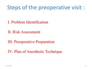 I. Problem Identification
II. Risk Assessment
III. Preoperative Preparation
IV. Plan of Anesthetic Technique
Steps of the preoperative visit :
4/22/2021 15
 