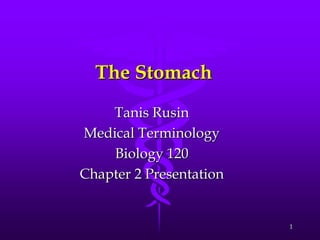 The Stomach
    Tanis Rusin
Medical Terminology
    Biology 120
Chapter 2 Presentation


                         1
 