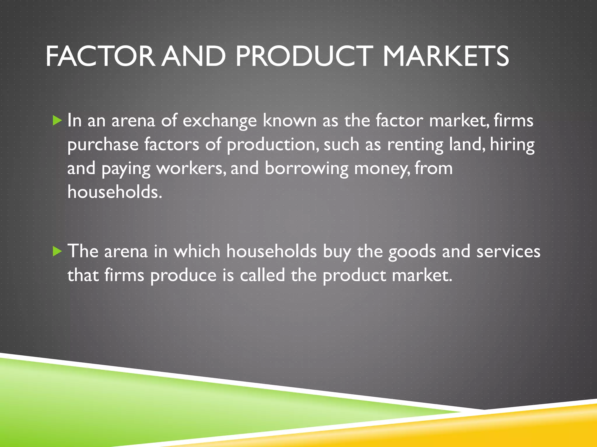 FACTOR AND PRODUCT MARKETS
 In an arena of exchange known as the factor market, firms
purchase factors of production, such as renting land, hiring
and paying workers, and borrowing money, from
households.
 The arena in which households buy the goods and services
that firms produce is called the product market.
 