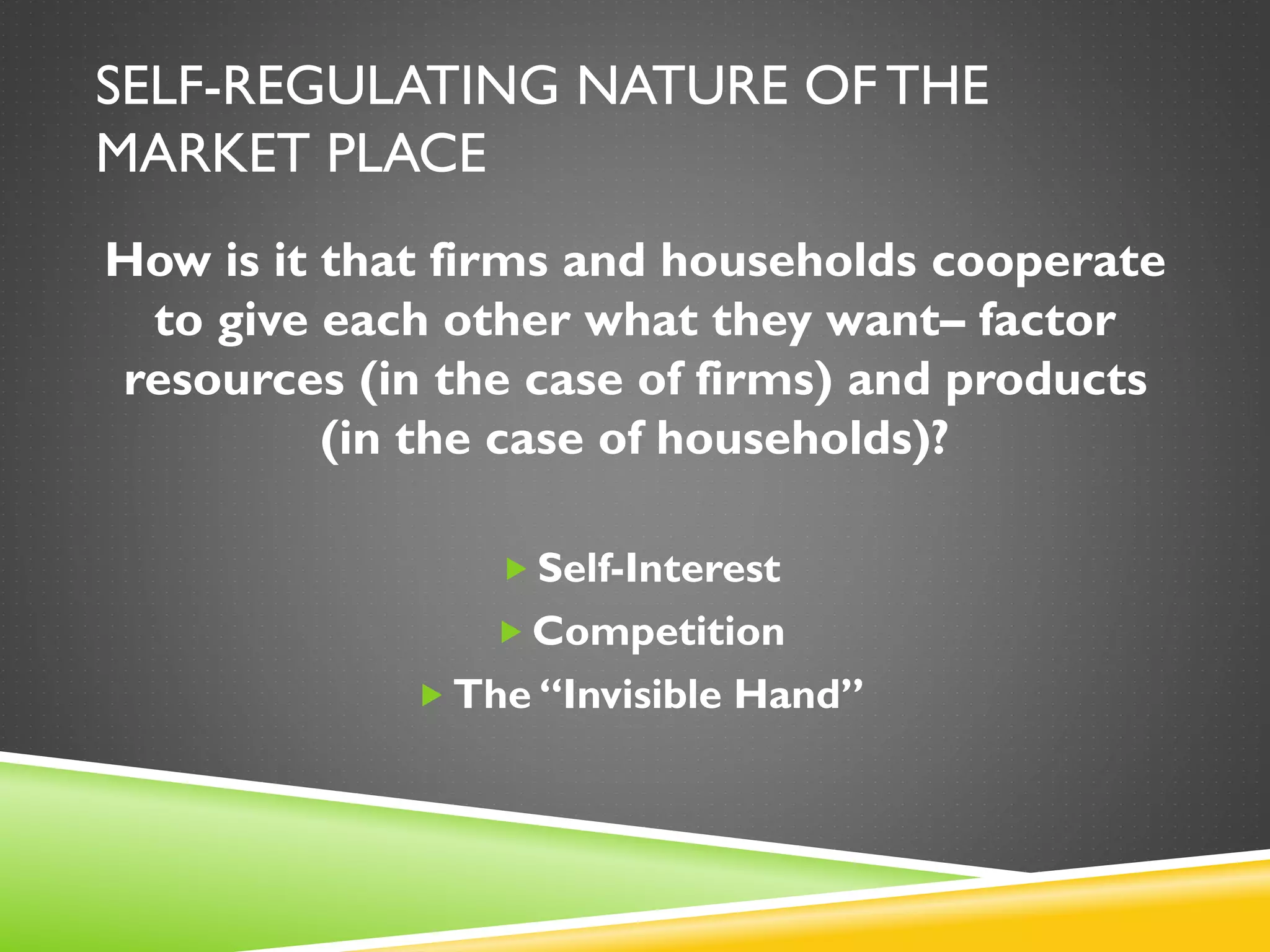 SELF-REGULATING NATURE OFTHE
MARKET PLACE
How is it that firms and households cooperate
to give each other what they want– factor
resources (in the case of firms) and products
(in the case of households)?
 Self-Interest
 Competition
 The “Invisible Hand”
 