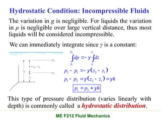 Hydrostatic Condition: Incompressible Fluids
The variation in g is negligible. For liquids the variation
in ρ is negligible over large vertical distance, thus most
liquids will be considered incompressible.
We can immediately integrate since γ is a constant:
This type of pressure distribution (varies linearly with
depth) is commonly called a hydrostatic distribution.
 
 
2 2
1 1
2 1 2 1
1 2 2 1
1 2
p z
p z
dp dz
p p z z
p p z z h
p p h


 


  
   
 
 
ME F212 Fluid Mechanics
 