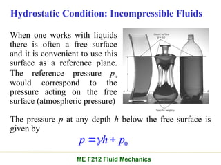 When one works with liquids
there is often a free surface
and it is convenient to use this
surface as a reference plane.
The reference pressure po
would correspond to the
pressure acting on the free
surface (atmospheric pressure)
Hydrostatic Condition: Incompressible Fluids
0
p h p

 
The pressure p at any depth h below the free surface is
given by
ME F212 Fluid Mechanics
 