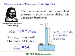 Measurement of Pressure : Barometers
Evangelista Torricelli
(1608-1647)
The measurement of atmospheric
pressure is usually accomplished with
a mercury barometer.
Often pvapor is very small,
0.16 N/m2
at 20°C, thus:
atm vapor
p h p

 
atm
p h


For Patm =101.3 kPa
10.4 m of H20
76 cm of Hg
ME F212 Fluid Mechanics
 