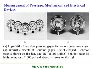 Measurement of Pressure: Mechanical and Electrical
Devices
(a) Liquid-filled Bourdon pressure gages for various pressure ranges.
(b) Internal elements of Bourdon gages. The “C-shaped” Bourdon
tube is shown on the left, and the “coiled spring” Bourdon tube for
high pressures of 1000 psi and above is shown on the right.
ME F212 Fluid Mechanics
 