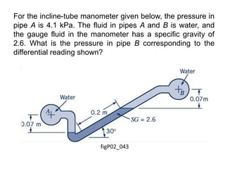 For the incline-tube manometer given below, the pressure in
pipe A is 4.1 kPa. The fluid in pipes A and B is water, and
the gauge fluid in the manometer has a specific gravity of
2.6. What is the pressure in pipe B corresponding to the
differential reading shown?
 