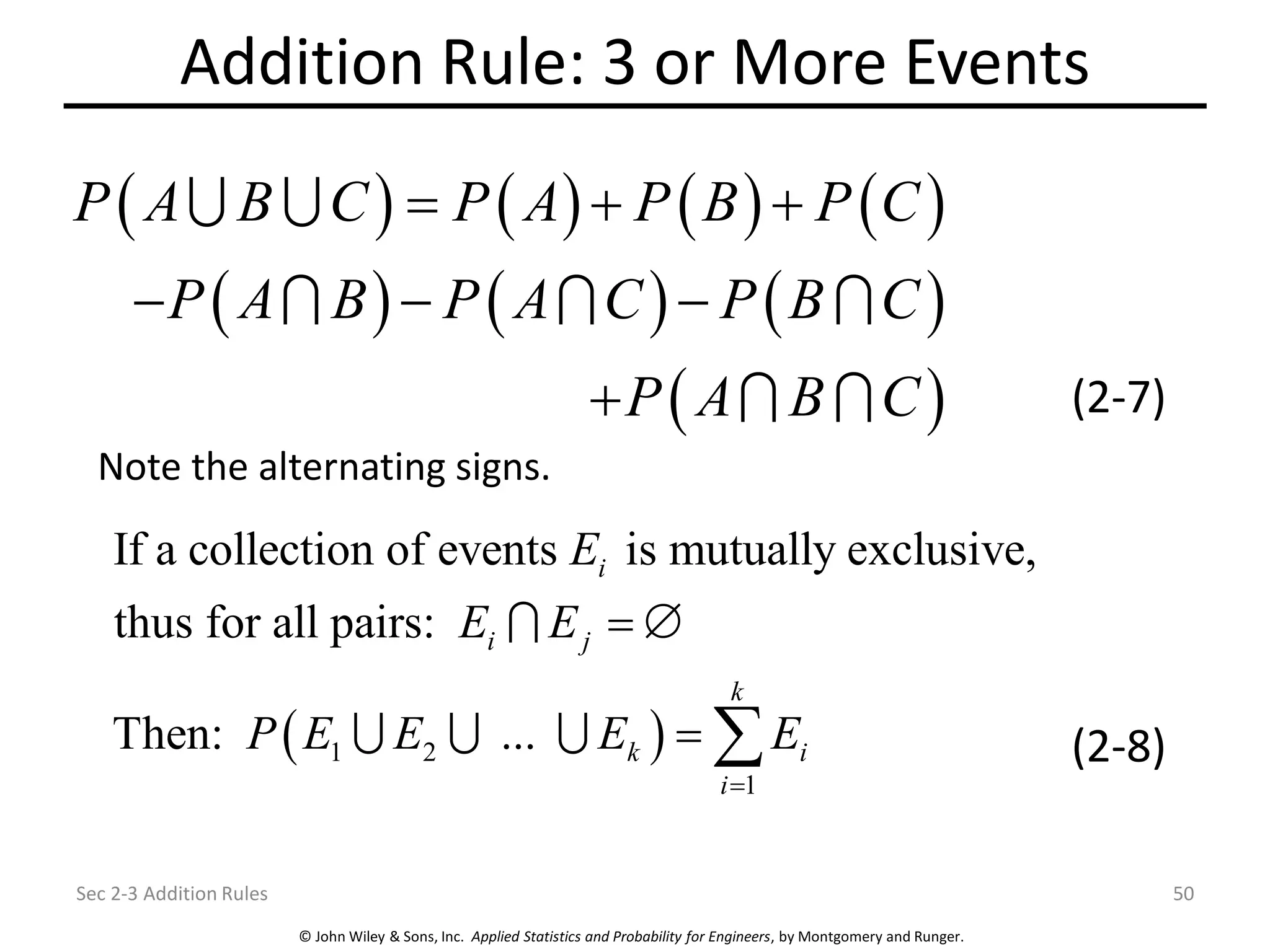 © John Wiley & Sons, Inc. Applied Statistics and Probability for Engineers, by Montgomery and Runger.
Addition Rule: 3 or More Events
Sec 2-3 Addition Rules 50
( ) ( ) ( ) ( )
( ) ( ) ( )
( )
P A B C P A P B P C
P A B P A C P B C
P A B C
= + +
− − −
+ (2-7)
Note the alternating signs.
( )
1 2
1
If a collection of events is mutually exclusive,
thus for all pairs:
Then: ...
i
i j
k
k i
i
E
E E
P E E E E
=
= 
=  (2-8)
 